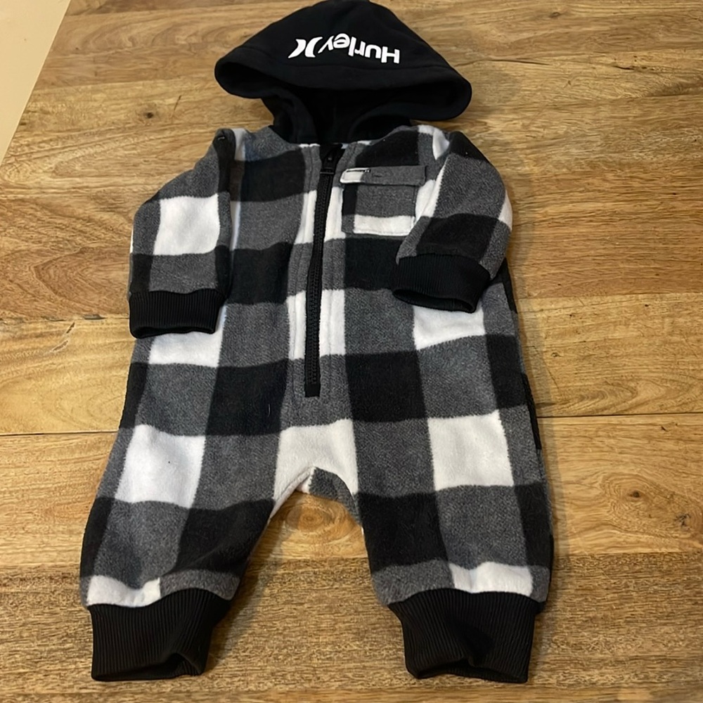 Baby Hurley black plaid fleece one piece zip jumpsuit, NWOT